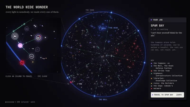 The World Wide Wonder map: every light is somebody, inside a ring called the Wall.