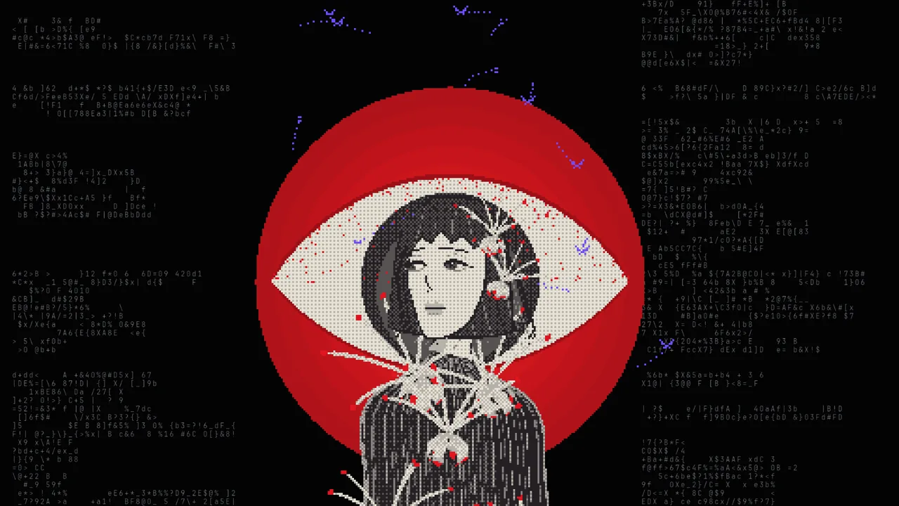 A woman in a gown of threads before a red circle, white flowers blooming down her.