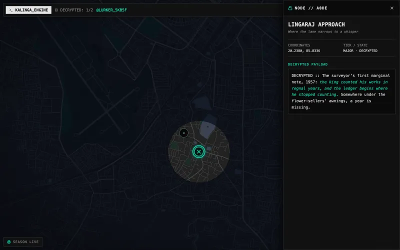 The Kalinga Engine map: dark Bhubaneswar streets with one circle of fog lifted around Lingaraj, and the decrypted story beside it.