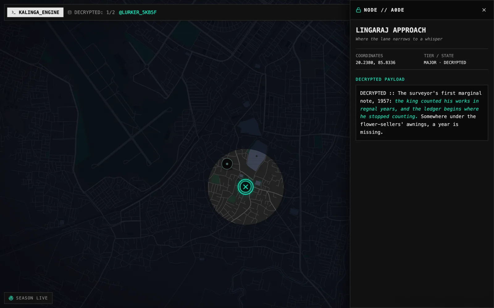 The Kalinga Engine map at night: dark Bhubaneswar streets, one circle of fog lifted around the decrypted Lingaraj node, a smaller hidden node beside it, and the decrypted story in a side panel.
