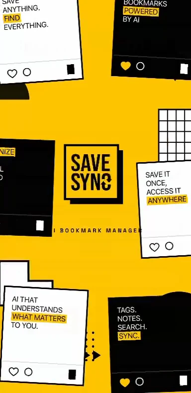SaveSync’s splash: the SAVE SYNC mark on brand yellow, with feature cards around it.