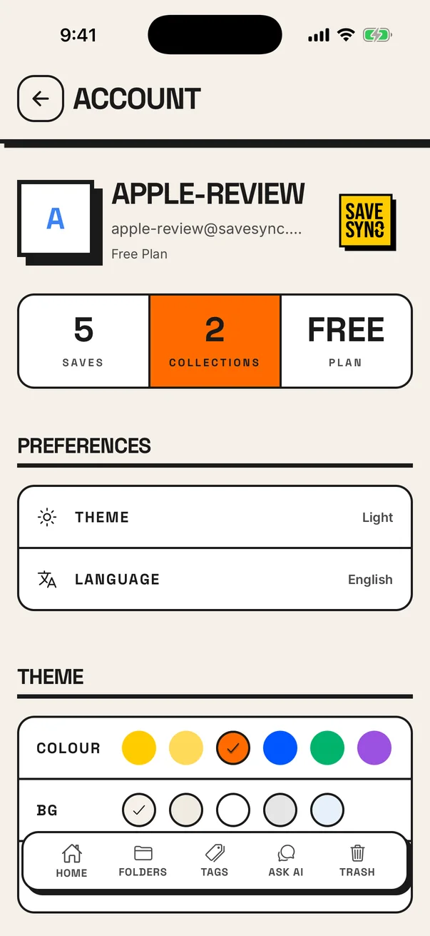 SaveSync on iPhone: the account screen with saves, collections and the theme colours.