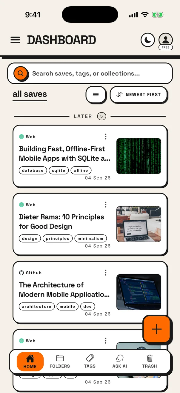 SaveSync on iPhone: the dashboard feed of saved links with tags and thumbnails.