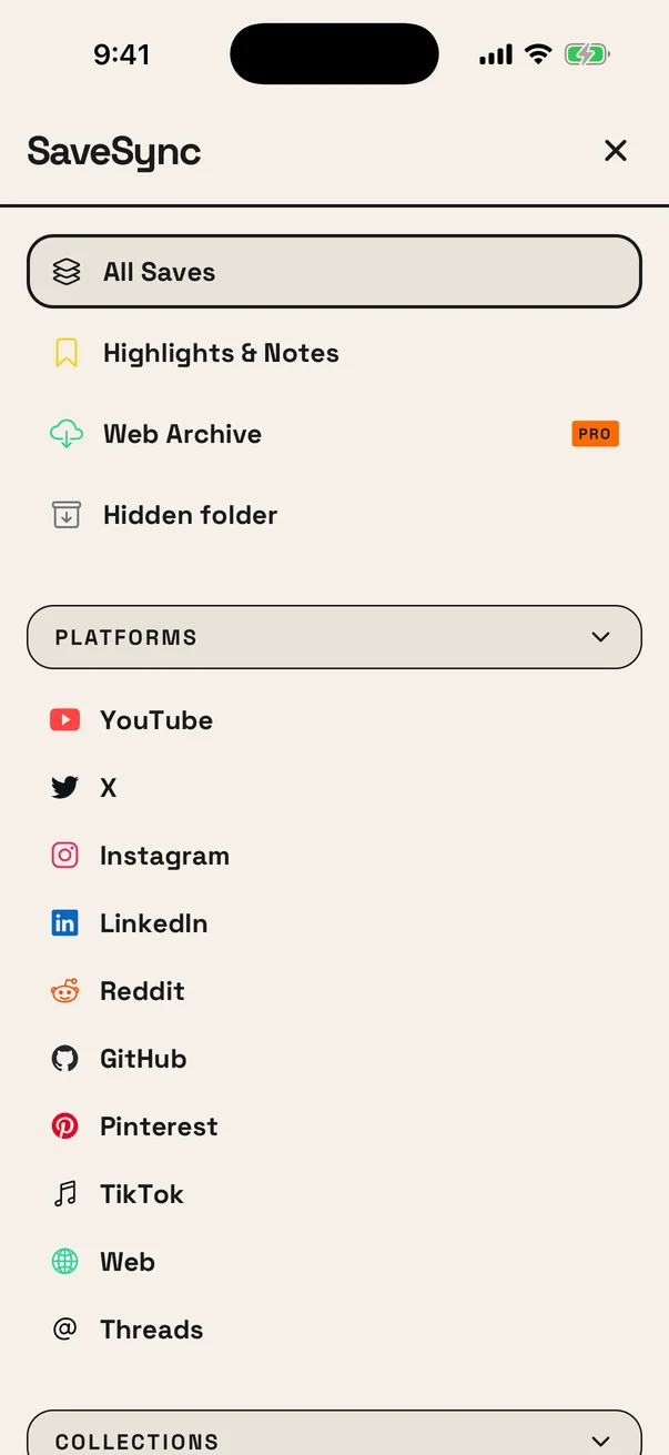 SaveSync on iPhone: the sidebar with all saves, highlights, web archive and each platform.