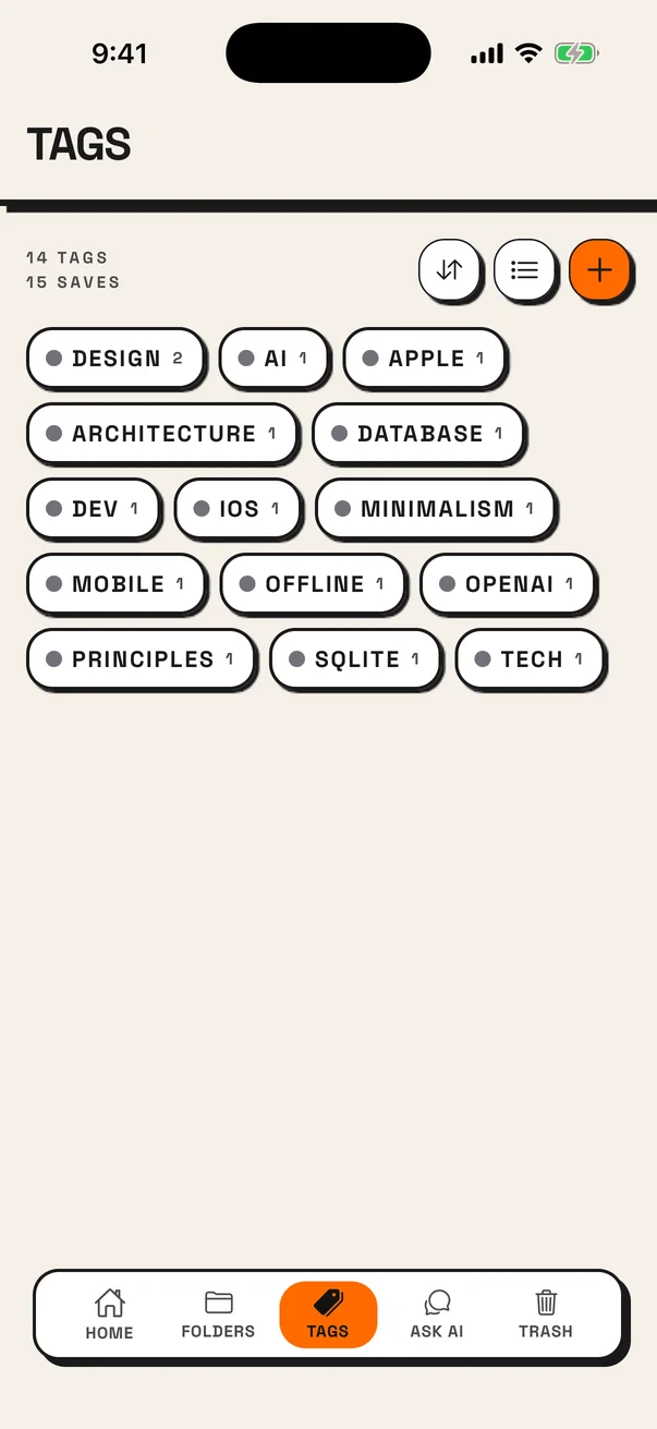 SaveSync on iPhone: the tags screen with each tag and its count.