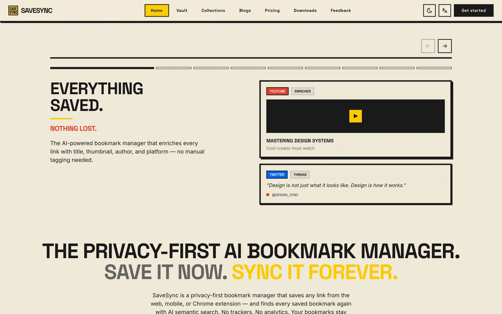 savesync.org: Everything saved, nothing lost. The privacy-first AI bookmark manager, on cream with yellow.