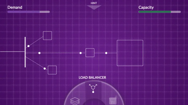 A Tetrate game prototype: placing a load balancer to split demand across services on a purple grid.