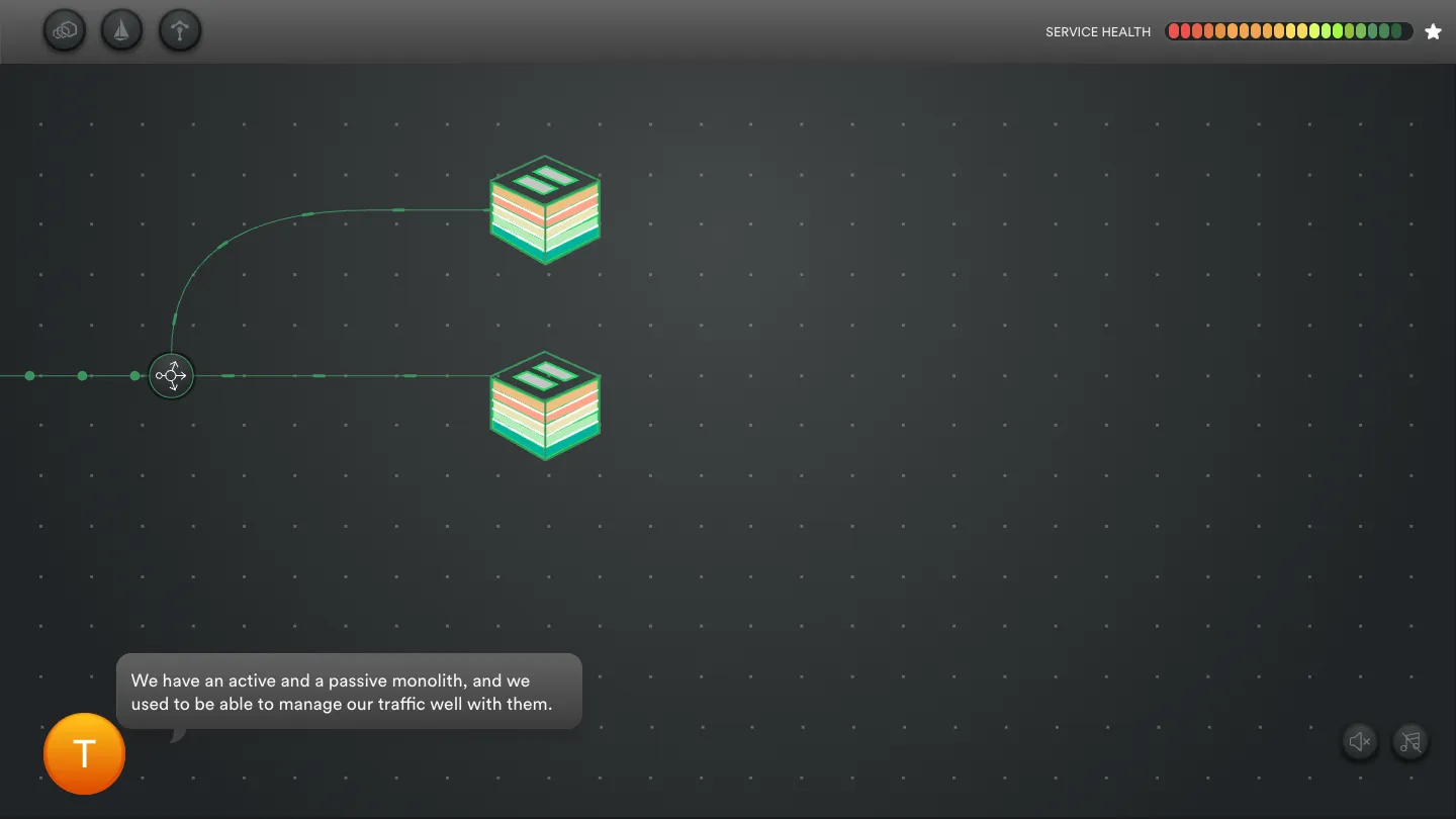 Make it Mesh: a dark dotted board with a load balancer feeding two striped monolith cubes. T, an orange guide, says: We have an active and a passive monolith, and we used to be able to manage our traffic well with them. A service health bar runs along the top.