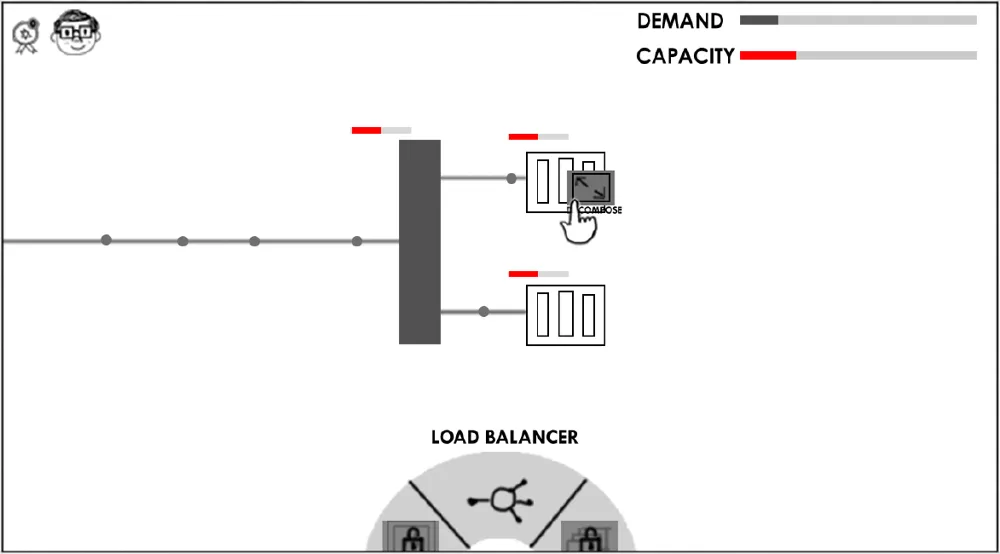 Wireframe: a load balancer and two monoliths; a hand drags to carve one.